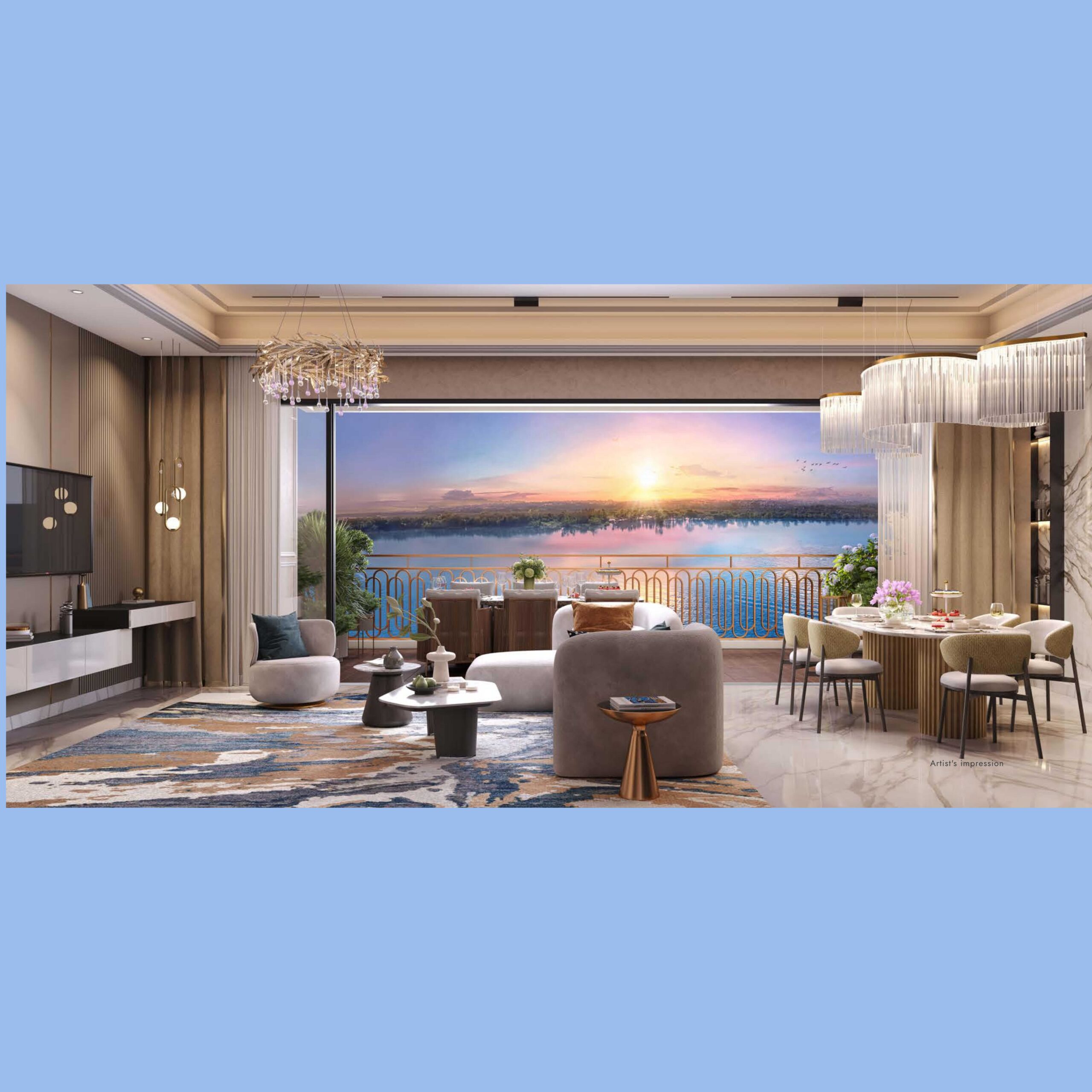 Modern luxury apartment interior with lake view balcony showcasing premium living space – Luxury property in Bangalore by BNB Realtors in Bangalore.