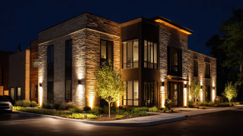 Modern luxury residential building with elegant exterior lighting at night showcasing premium real estate by B&B Realtors in Bangalore.