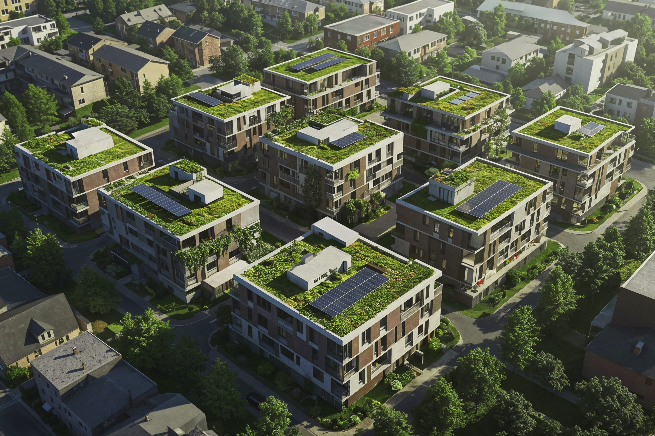 Modern residential township community in Bangalore with eco-friendly apartments, green rooftops, and solar panels representing luxury township projects by BNB Realtors in Bangalore